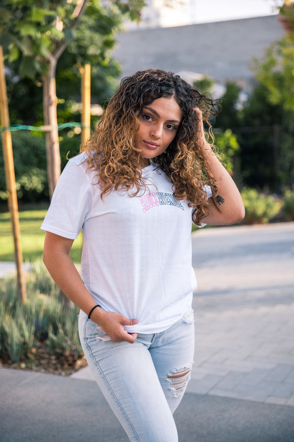 Pink/Black SA Outline Curve | White Tee - Sauce Avenue