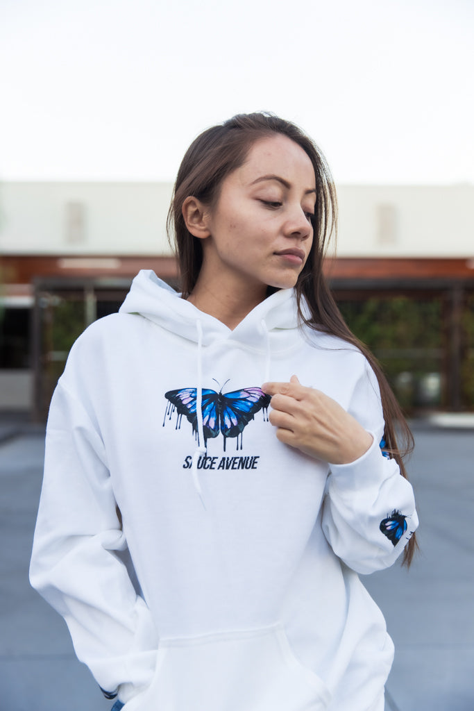 Blue butterfly 2024 hoodie white