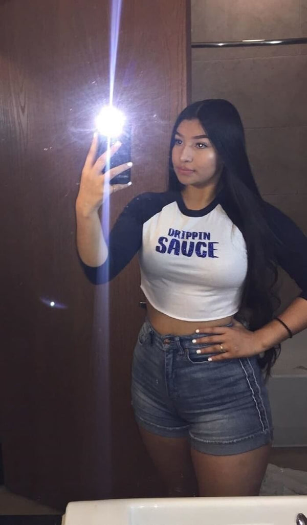 Royal Blue Glitter Drippin Sauce | Cropped White/Black Baseball Tee - Sauce Avenue