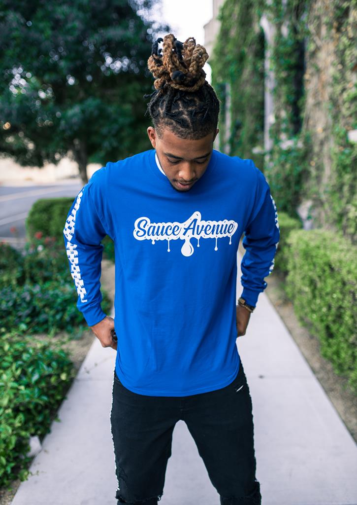 White SA Drip | Blue Long Sleeve Tee (Solid Checkered Drippin Sleeve ...