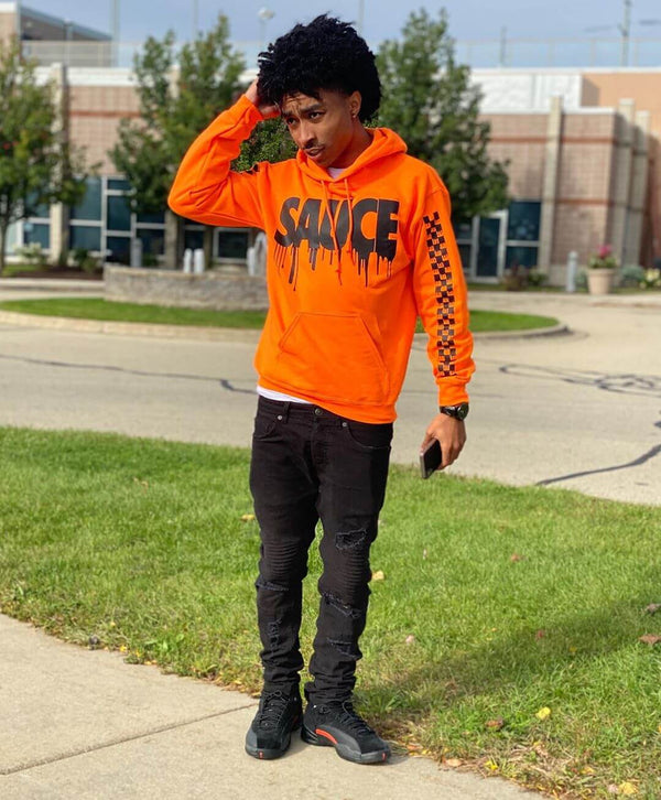 Black Sauce | Orange Hoodie (Solid Checkered Drippin Sleeve) - Sauce Avenue