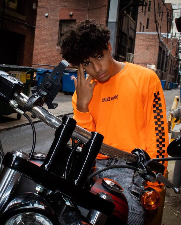 Black SA | Orange Long Sleeve Tee (Solid Checkered Drippin Sleeve) - Sauce Avenue