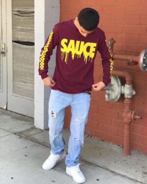 Yellow Sauce | Maroon Long Sleeve Tee (Solid Checkered Drippin Sleeves) - Sauce Avenue